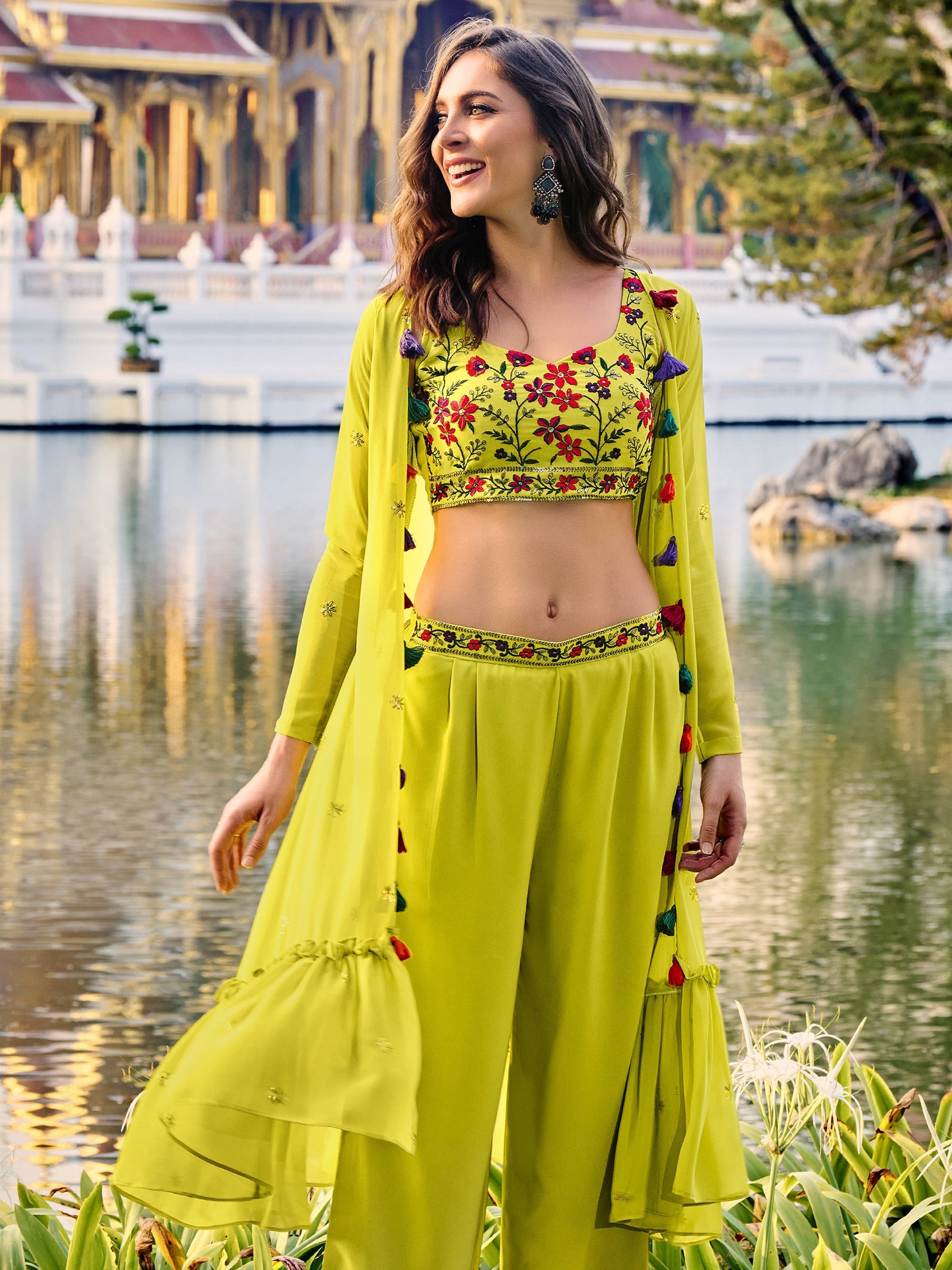 Plain light green georgette palazzo with embroidered belt work