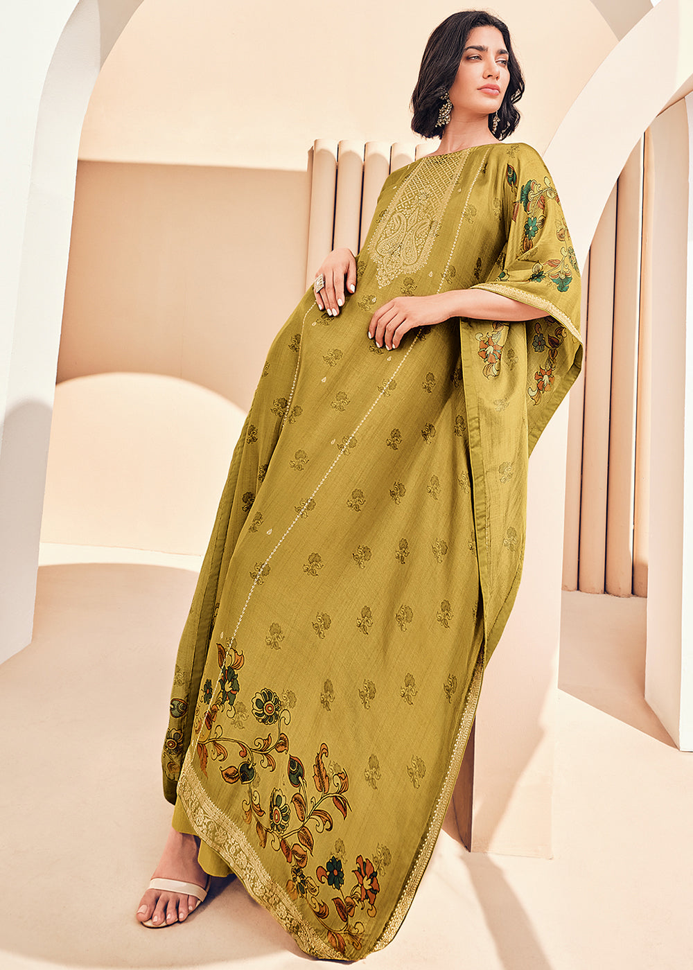 Ecru Yellow Digitally Floral Printed Viscose Kaftan Set By Qivii