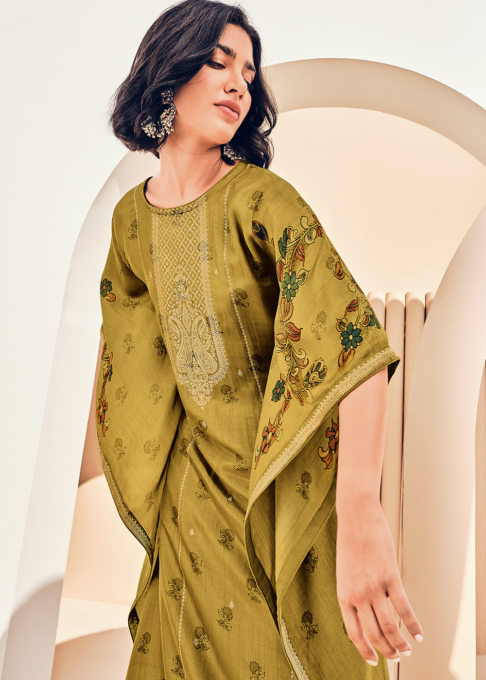 Ecru Yellow Digitally Floral Printed Viscose Kaftan Set