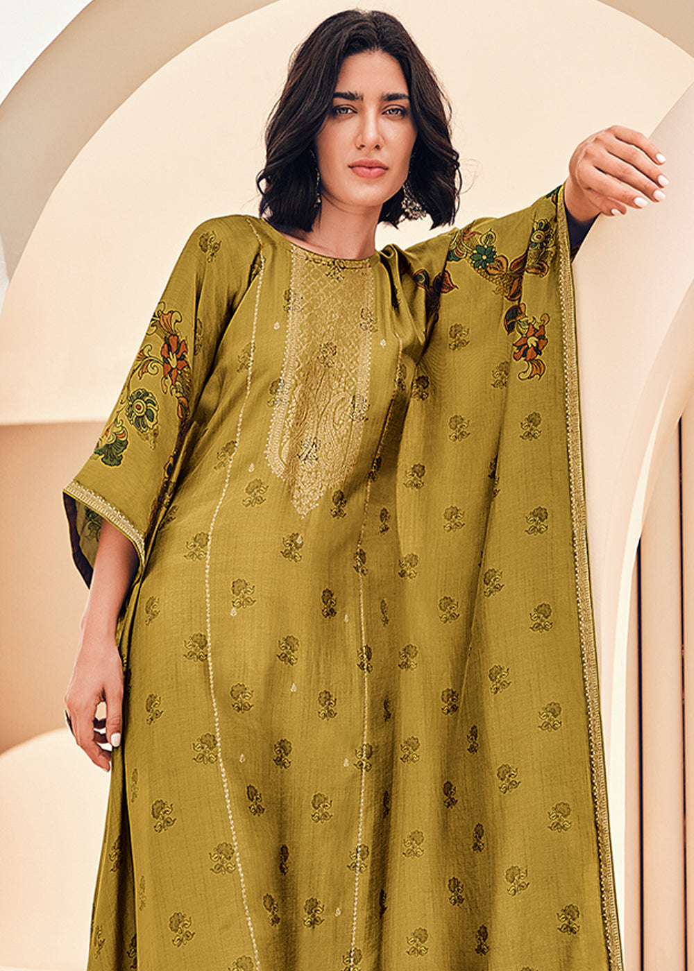 Ecru Yellow Digitally Floral Printed Viscose Kaftan Set By Qivii