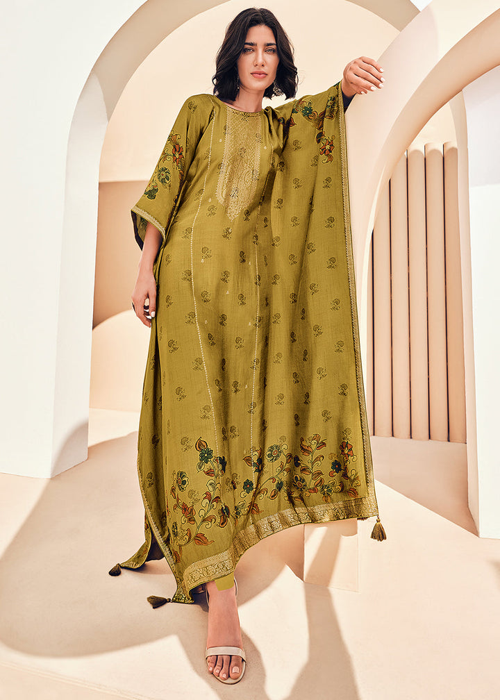 Ecru Yellow Digitally Floral Printed Viscose Kaftan Set