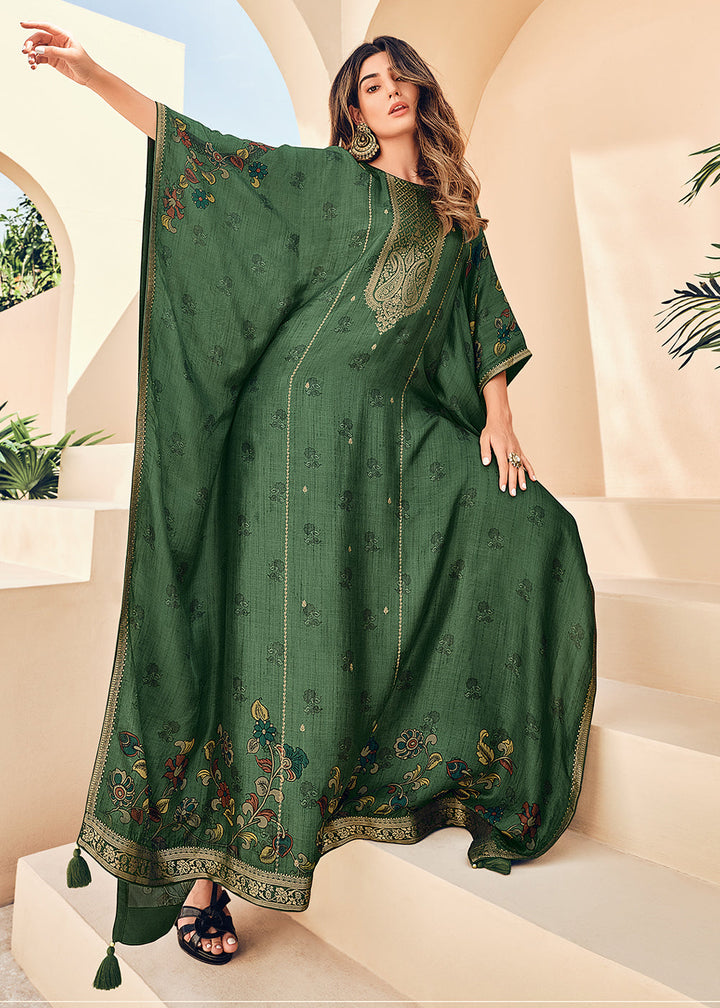 Basil Green Digitally Floral Printed Viscose Kaftan Set By Qivii