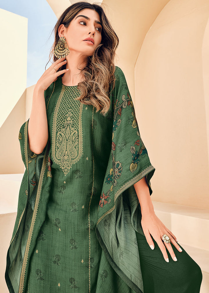 Basil Green Digitally Floral Printed Viscose Kaftan Set By Qivii