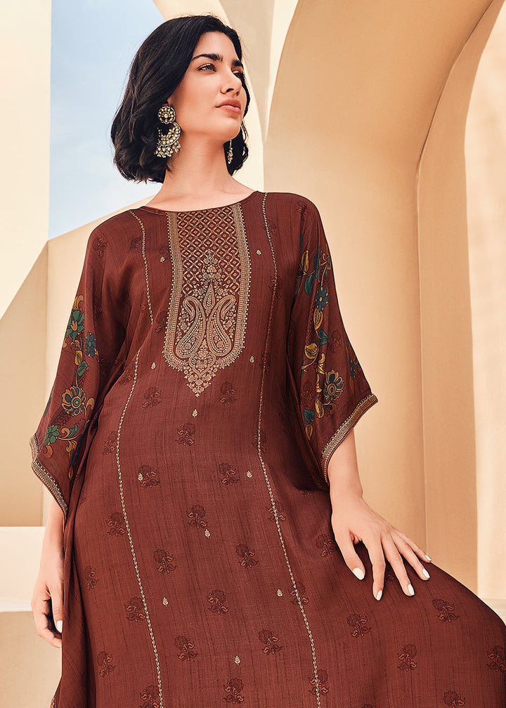 Sienna Brown Digitally Floral Printed Viscose Kaftan Set By Qivii