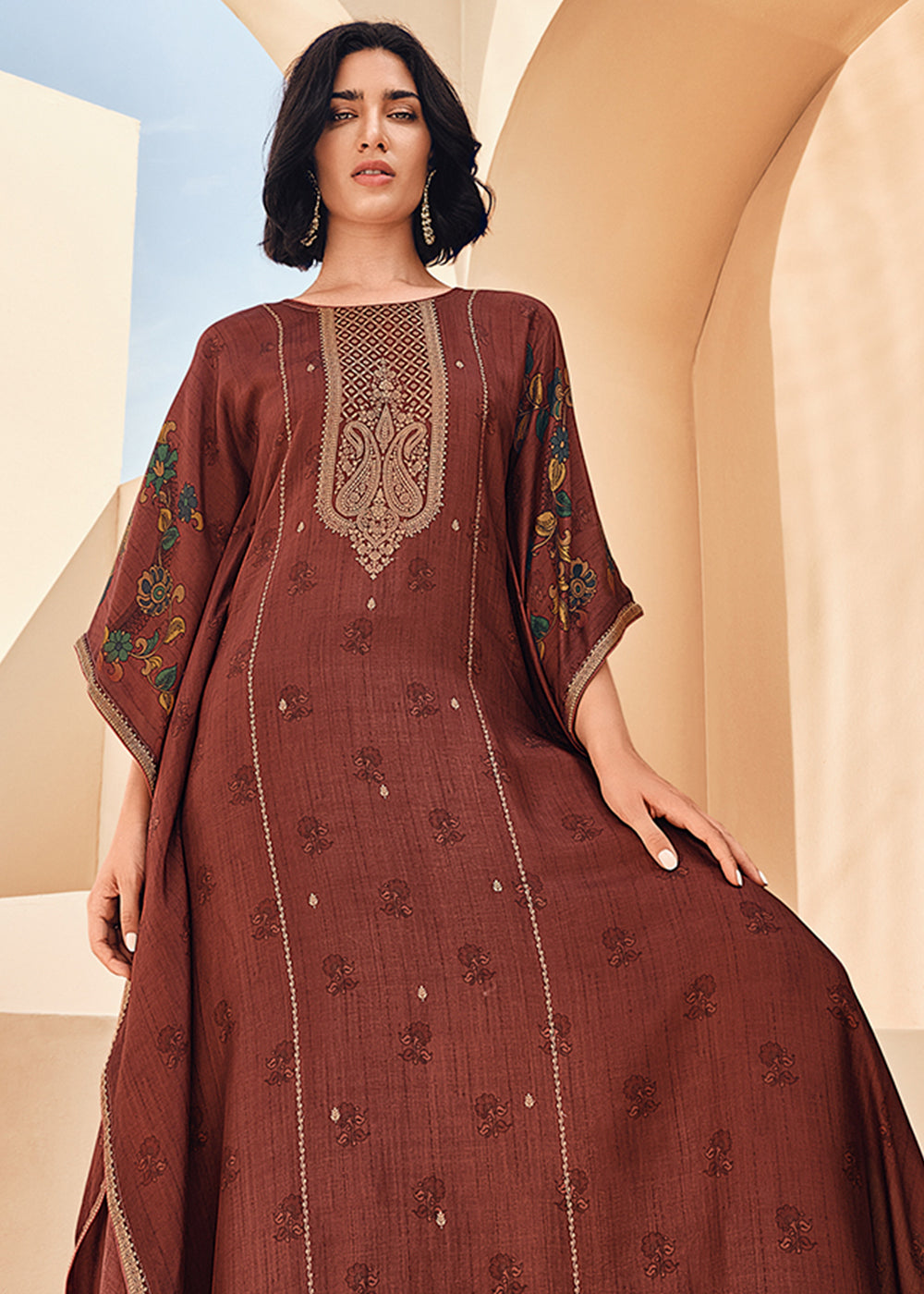 Sienna Brown Digitally Floral Printed Viscose Kaftan Set By Qivii