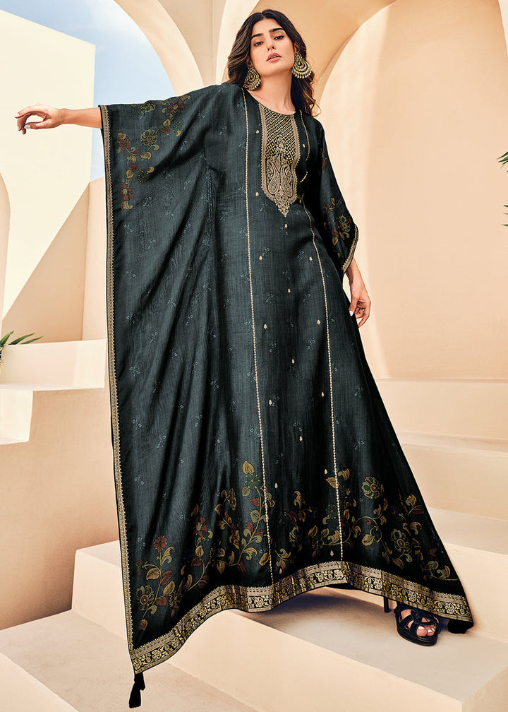 Charcoal Black Digitally Floral Printed Viscose Kaftan Set By Qivii