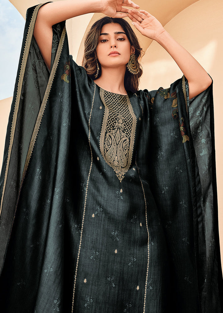 Charcoal Black Digitally Floral Printed Viscose Kaftan Set By Qivii