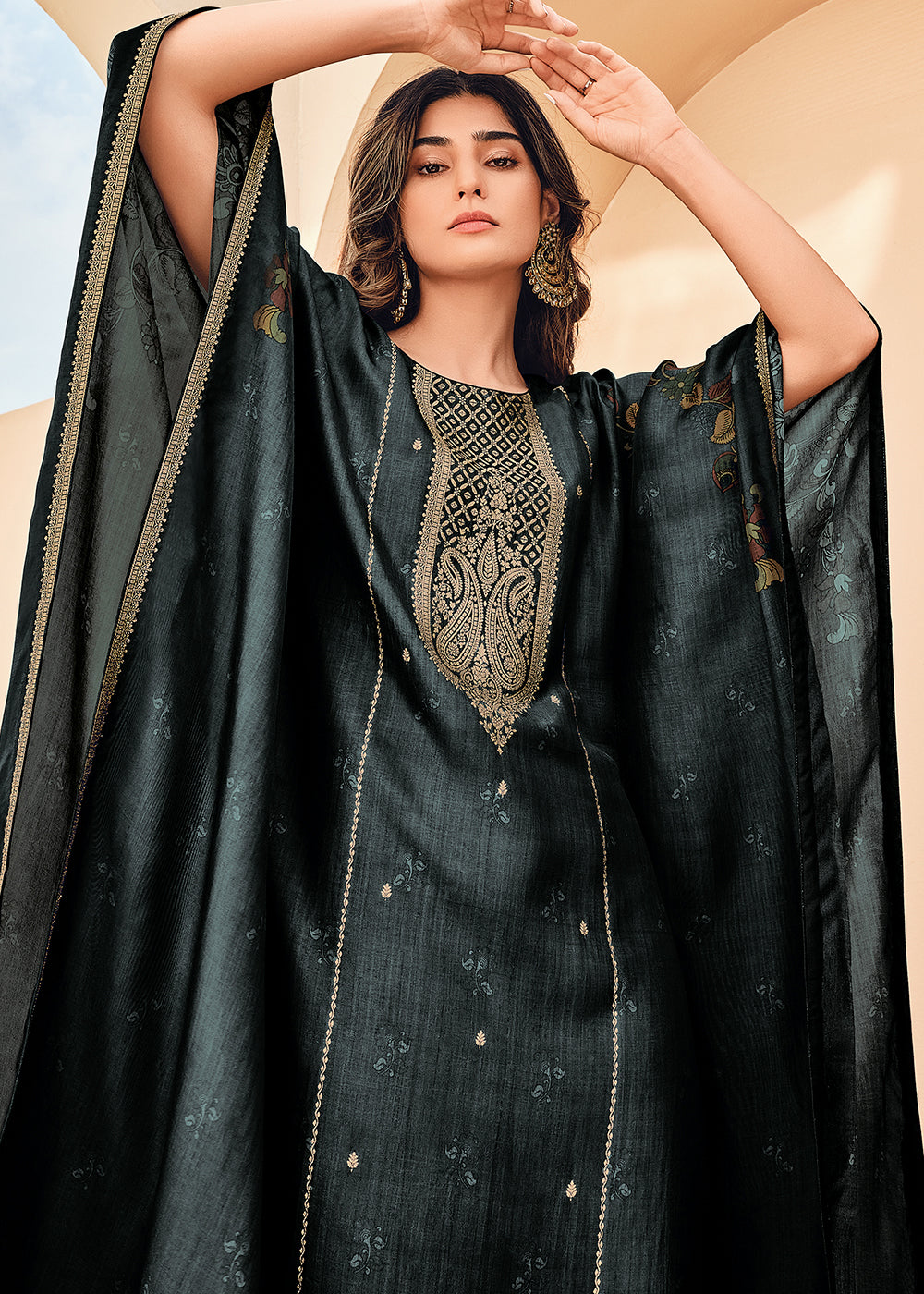 Charcoal Black Digitally Floral Printed Viscose Kaftan Set