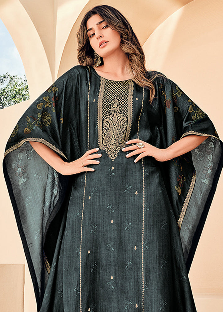 Charcoal Black Digitally Floral Printed Viscose Kaftan Set