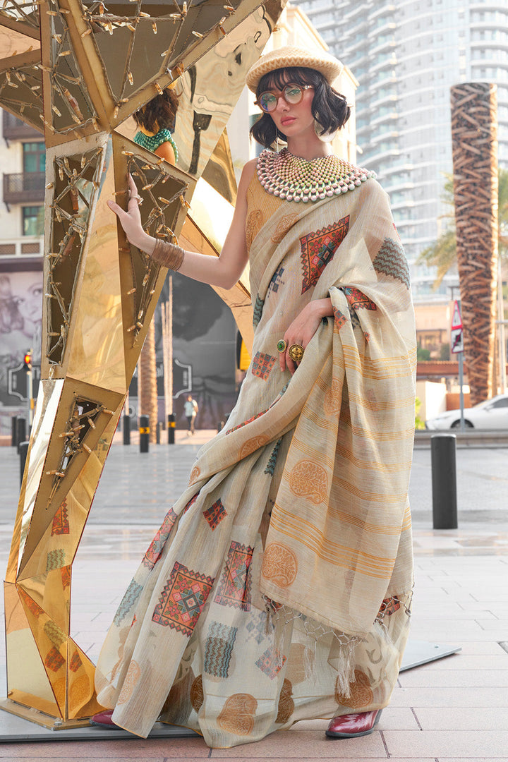 Grey Banarasi Silk Printed Tissue Saree With Blouse Piece