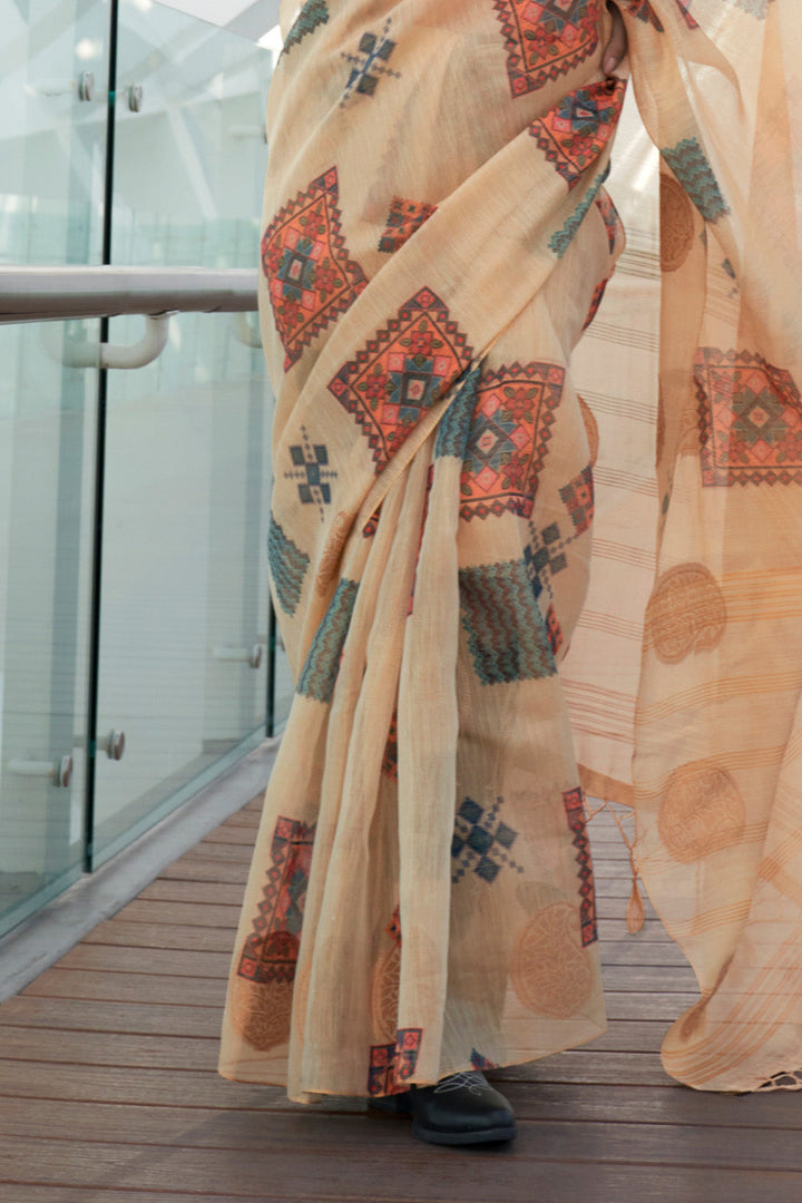 Cream Banarasi Silk Printed Tissue Saree With Blouse Piece