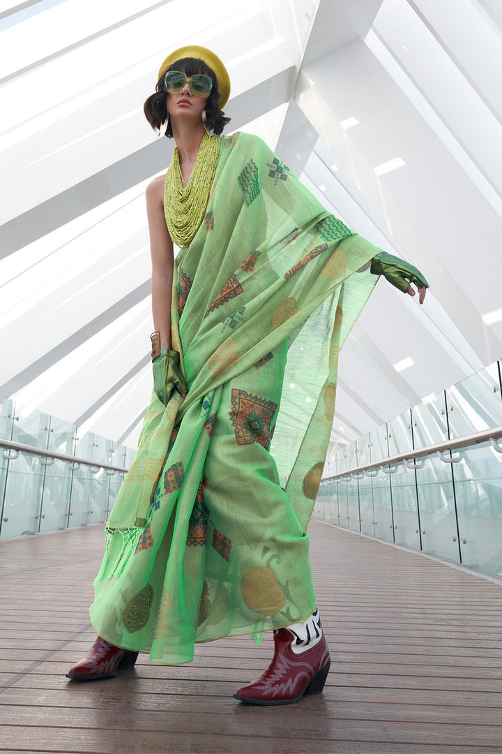 Mint Green Banarasi Silk Printed Tissue Saree With Blouse Piece