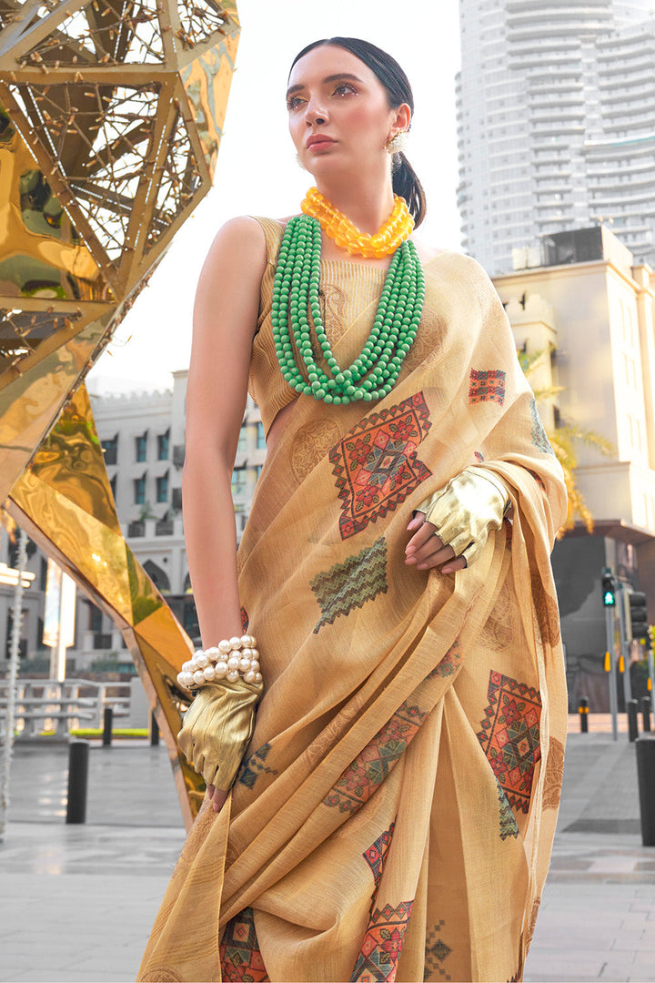 Light Orange Banarasi Silk Printed Tissue Saree With Blouse Piece