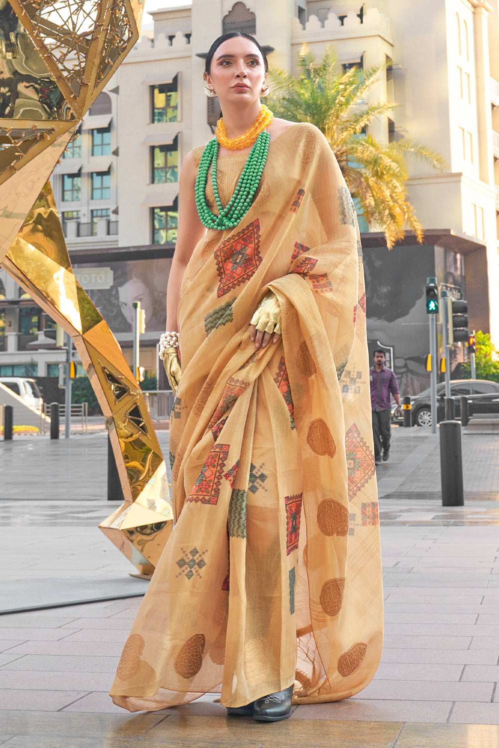 Light Orange Banarasi Silk Printed Tissue Saree With Blouse Piece