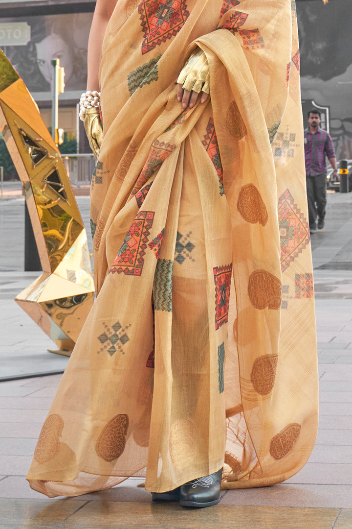 Light Orange Banarasi Silk Printed Tissue Saree With Blouse Piece