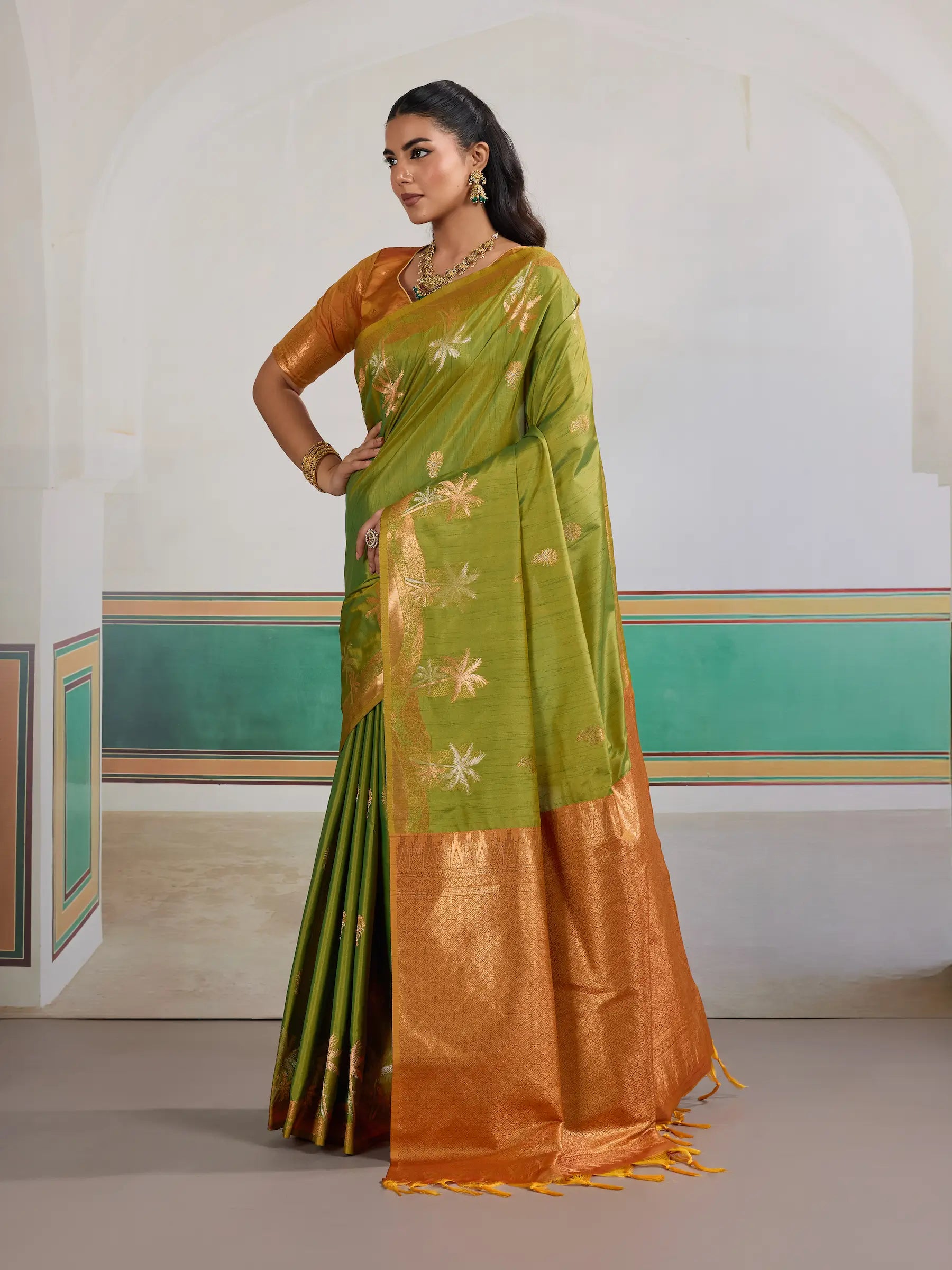 Olive Green Tussar Silk Weaving Work Saree