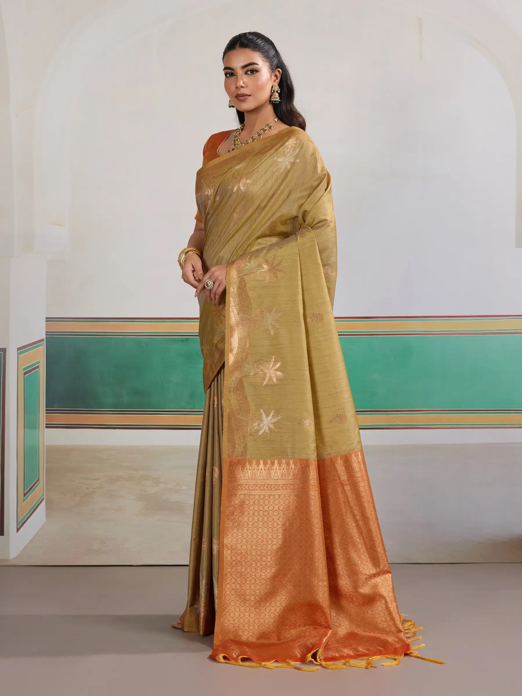 Dusty Yellow Tussar Silk Weaving Work Saree