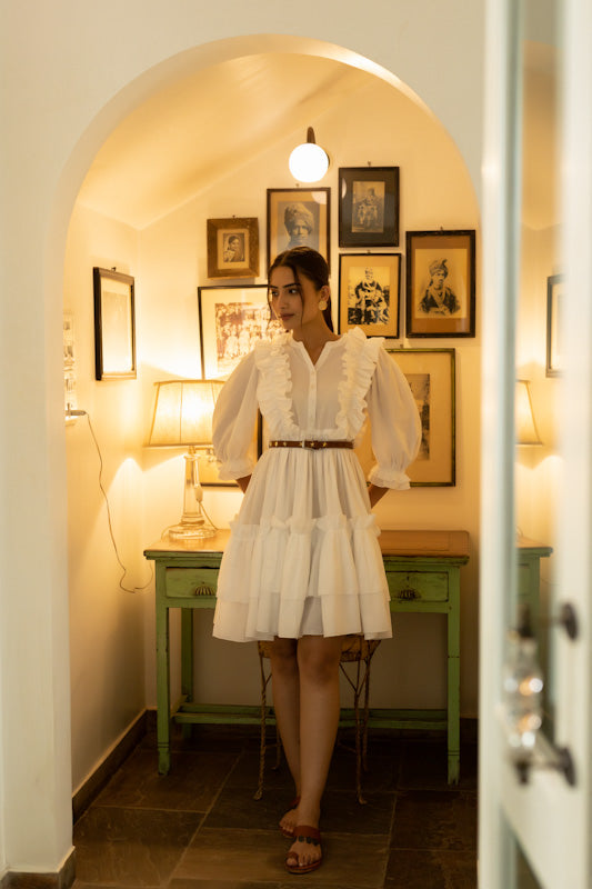 Star White Light Ruffle Cotton Dress  - By Ragavi - qivii