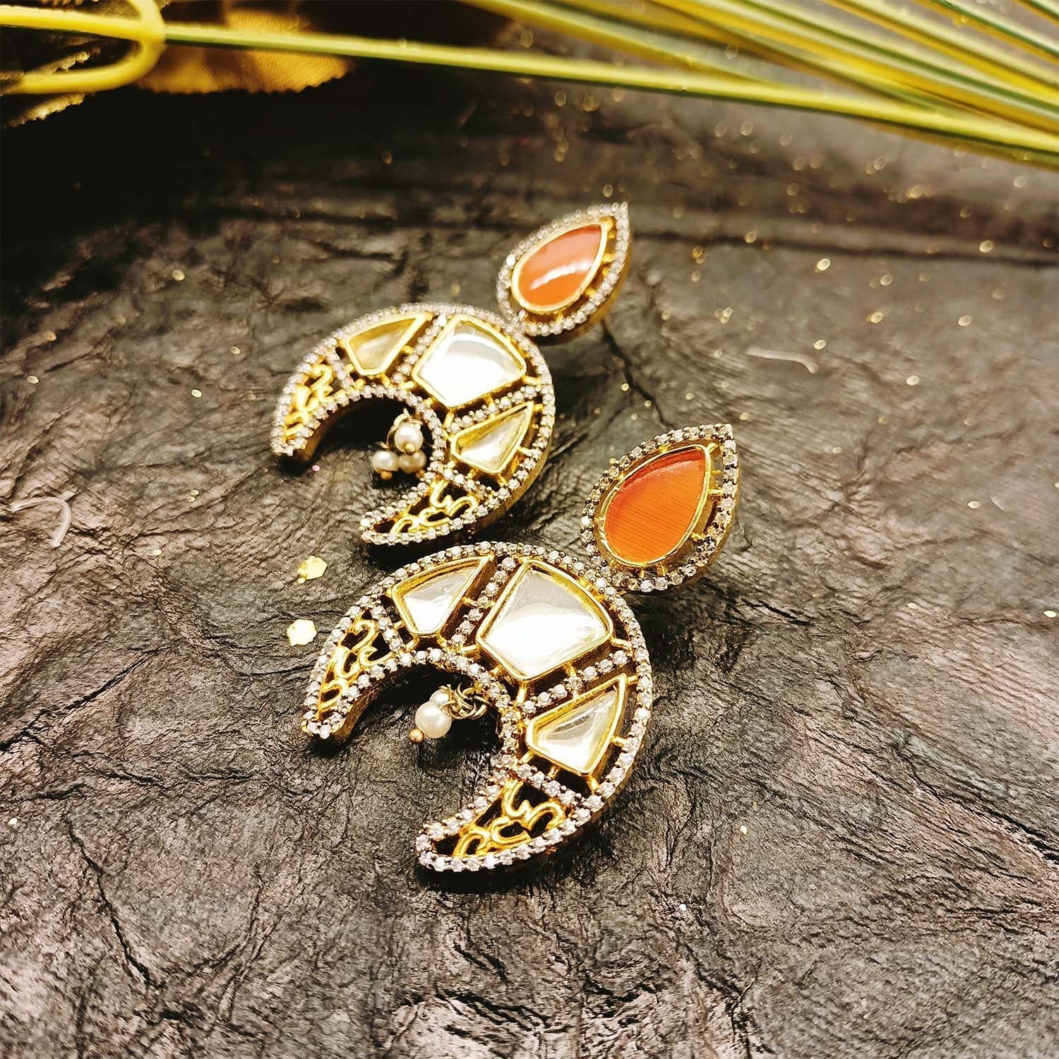 Stunning Anjali Orange Gold Plated Kundan Earrings With American Diamond Border