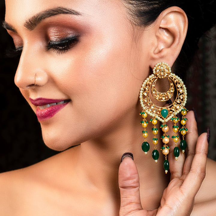 Anshika Green Gold Plated Pachi Kundan Earrings