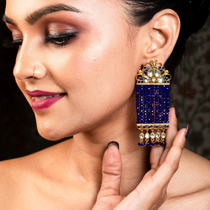 Aishwarya Royal Blue Crystal Beads Kundan Earrings