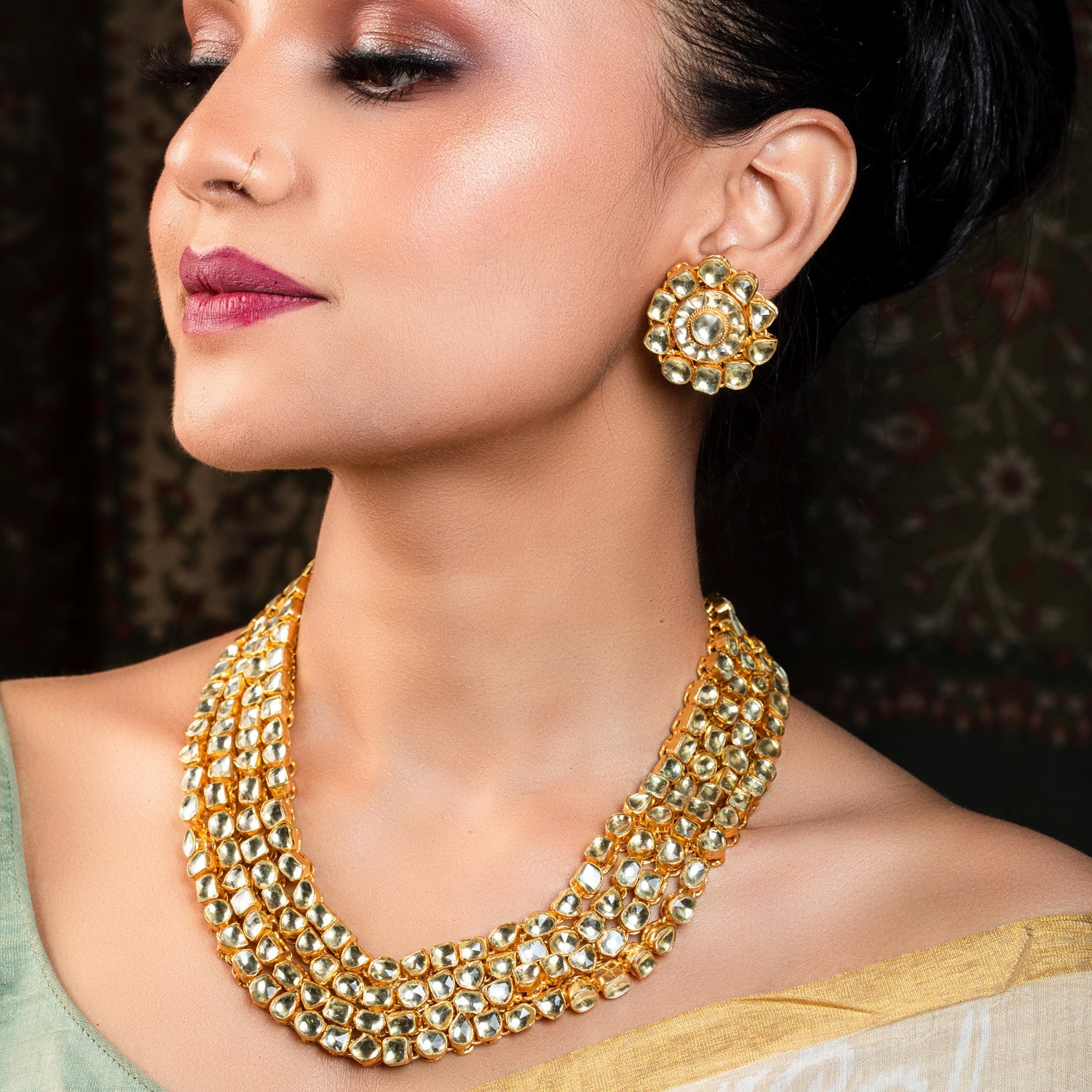 Aamira Golden Coloured Pachi Kundan Long Necklace Set - qivii