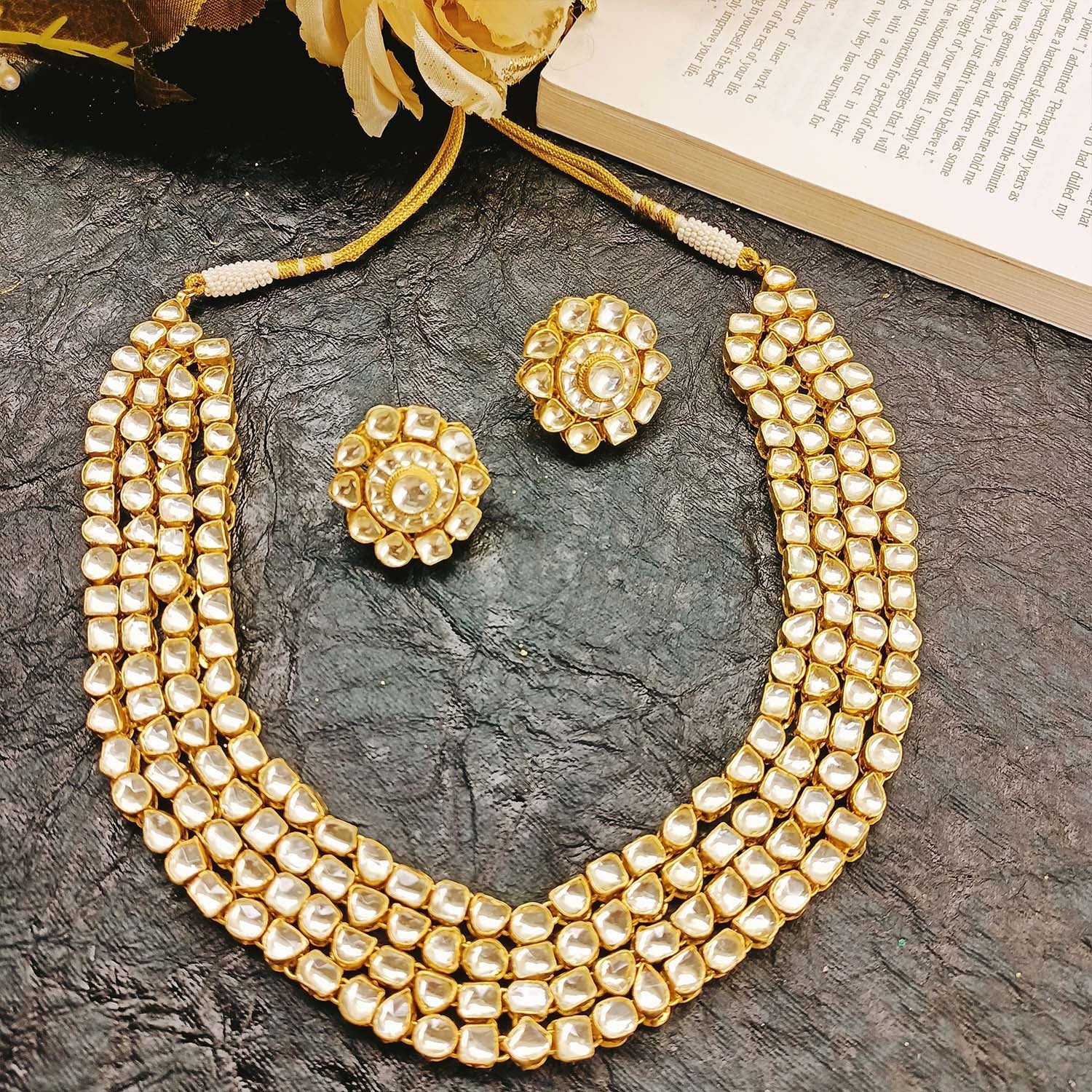 Aamira Golden Coloured Pachi Kundan Long Necklace Set - qivii