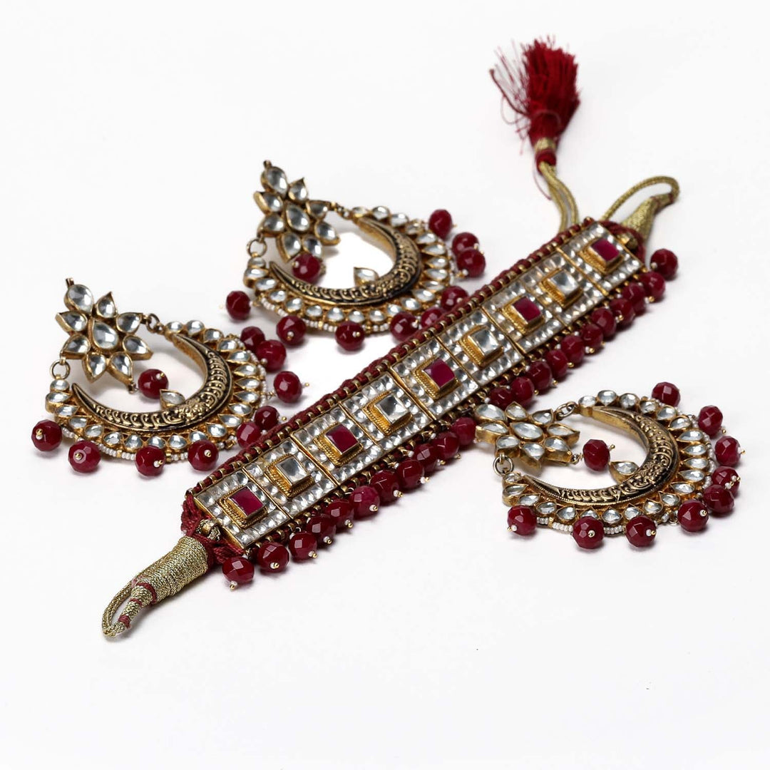 Abeera Ruby Stoned Gold Plated Pachi Kundan Set