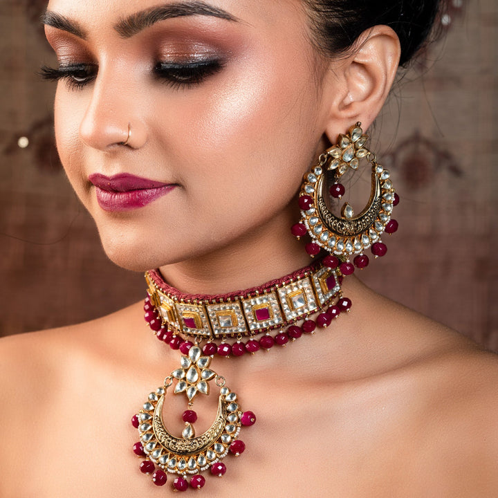 Abeera Ruby Stoned Gold Plated Pachi Kundan Set