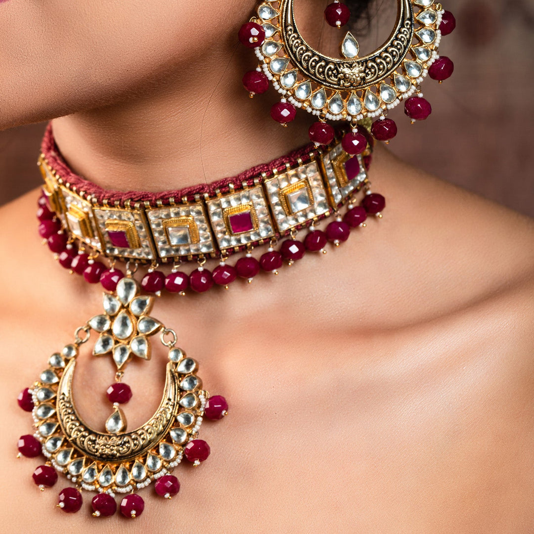 Abeera Ruby Stoned Gold Plated Pachi Kundan Set