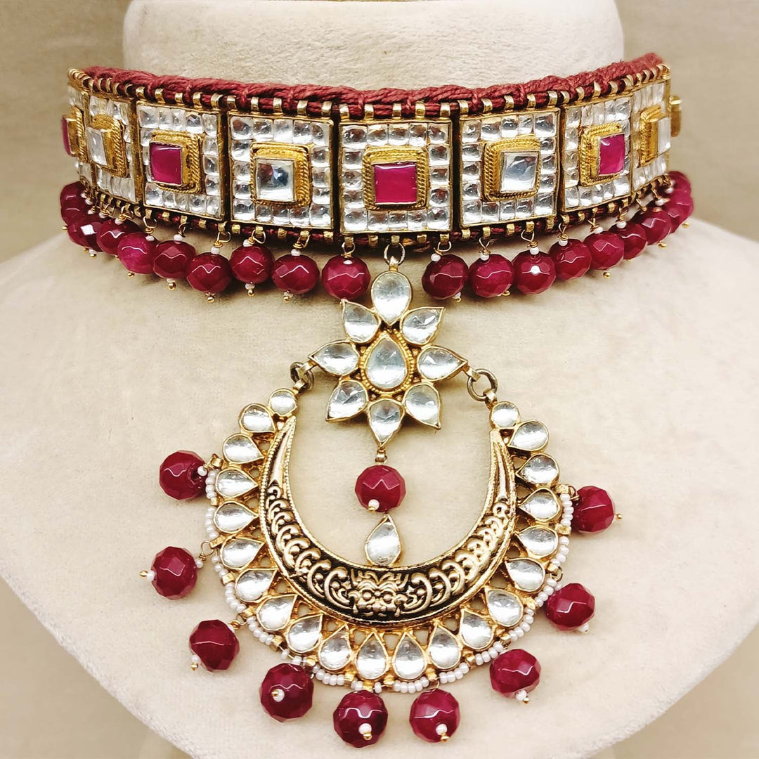 Abeera Ruby Stoned Gold Plated Pachi Kundan Set