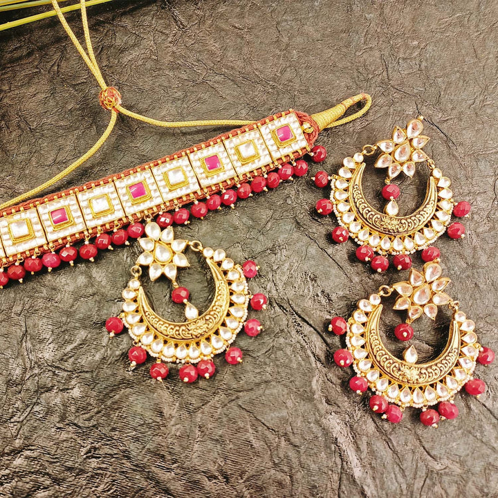 Abeera Ruby Stoned Gold Plated Pachi Kundan Set