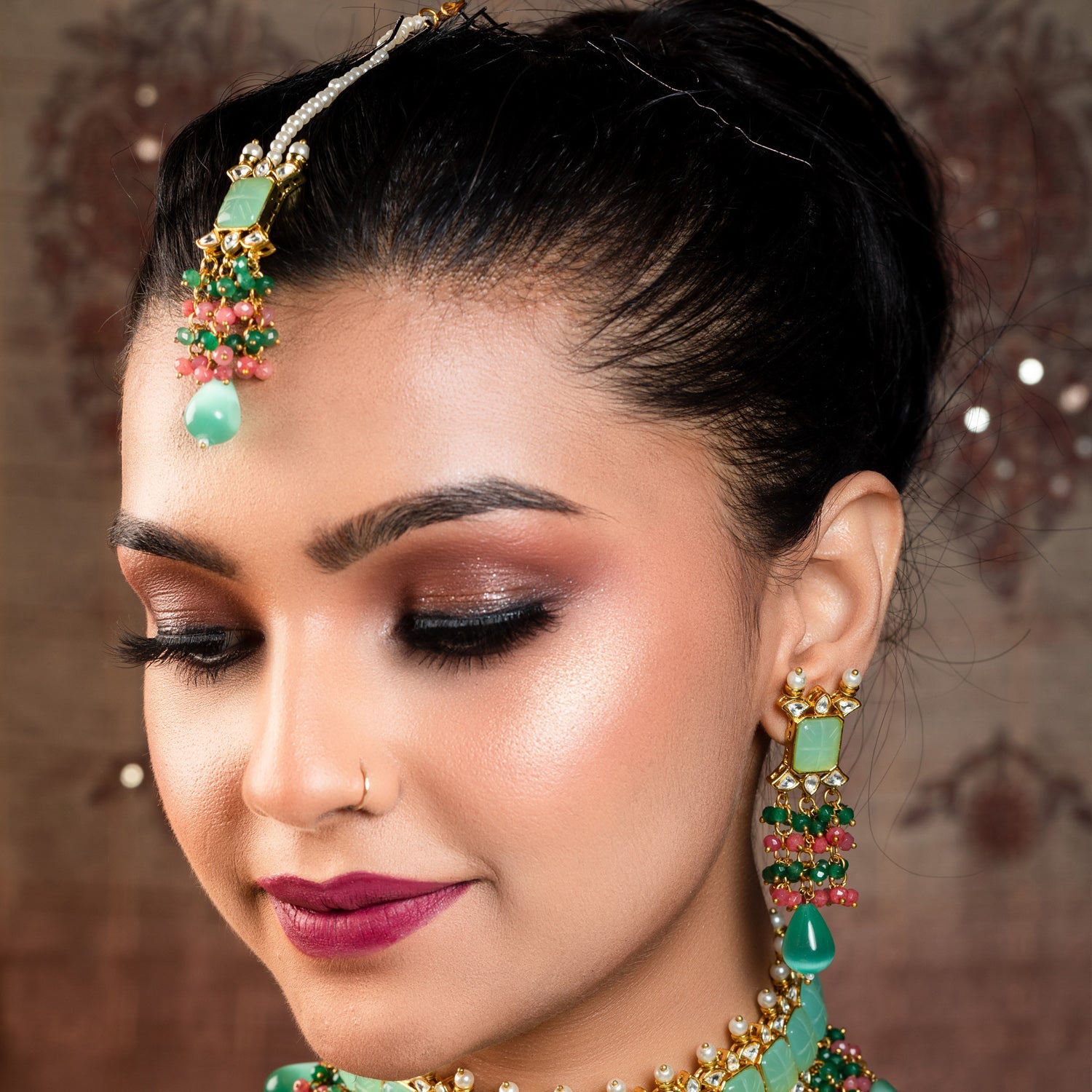 Aafizah Mint Green & Pink Gold Plated Choker Kundan Set - qivii