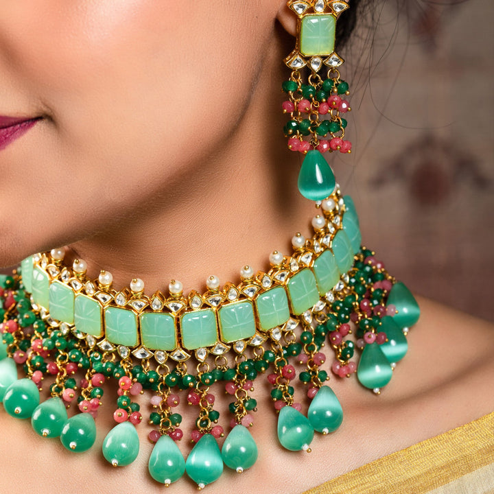 Aafizah Mint Green & Pink Gold Plated Choker Kundan Set