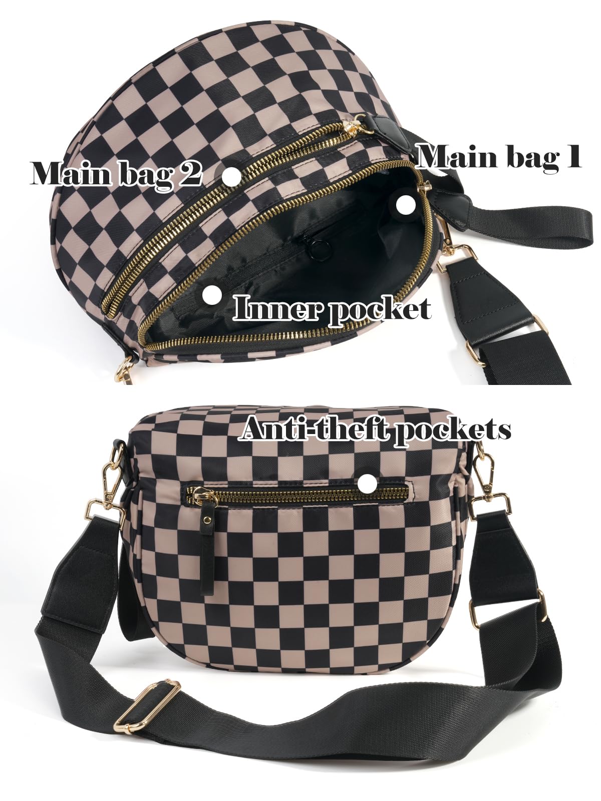 Ounamei Checkered Crossbody Bum Bag for Women Large Capacity Belt Bag for Moms & Everyday Travel