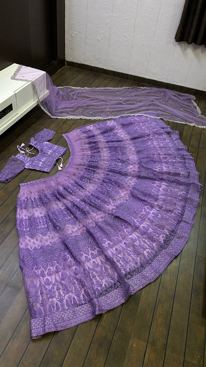 Lavender Net lehnga with thread zari & sequence work - INSPIRED