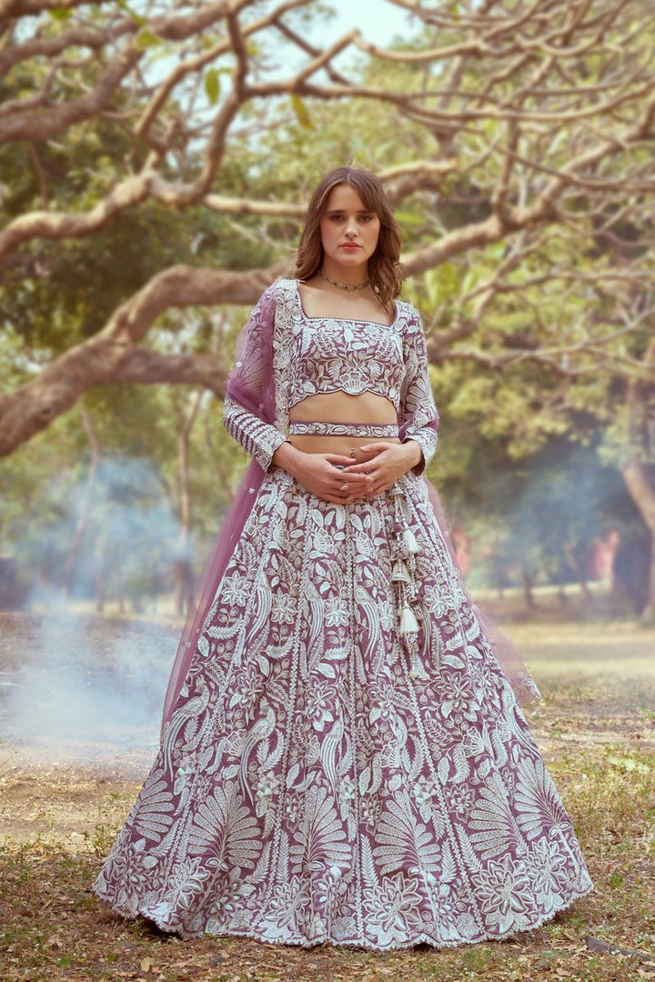 Lavender Pure Satin Sequins embroidery Semi-Stitched Lehenga choli & Dupatta