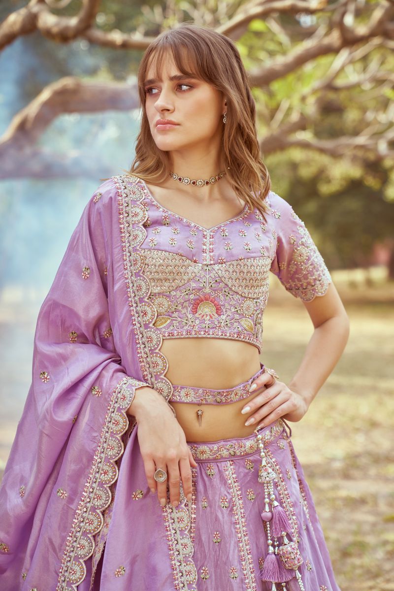 Lavender Gold crushed Tissue Fabric Moti, Zari work Semi-Stitched Lehenga choli & Dupatta