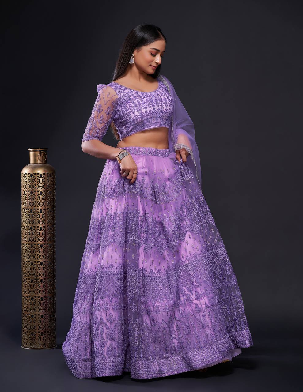 Lavender Net lehnga with thread zari & sequence work - INSPIRED