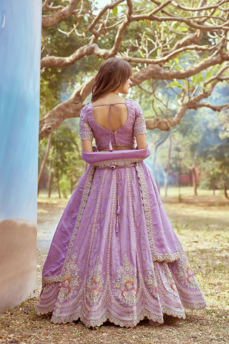 Lavender Gold crushed Tissue Fabric Moti, Zari work Semi-Stitched Lehenga choli & Dupatta