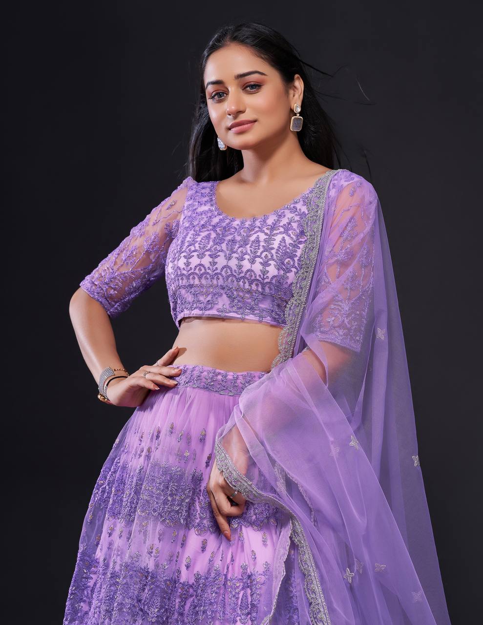 Lavender Net lehnga with thread zari & sequence work - INSPIRED