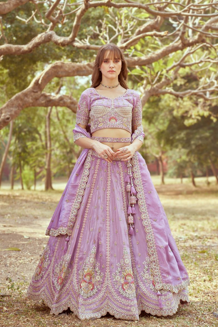 Lavender Gold crushed Tissue Fabric Moti, Zari work Semi-Stitched Lehenga choli & Dupatta