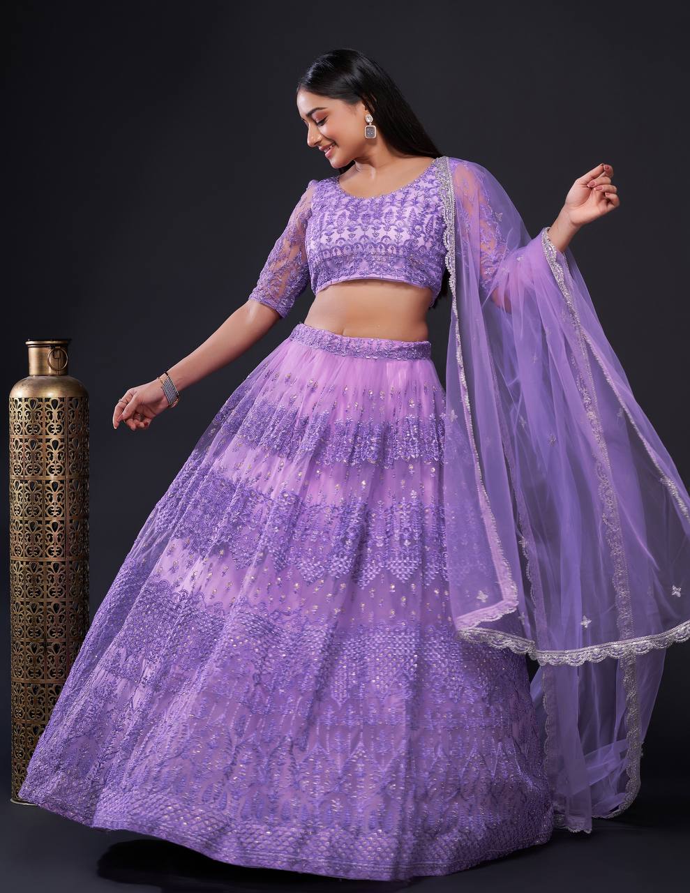 Lavender Net lehnga with thread zari & sequence work - INSPIRED