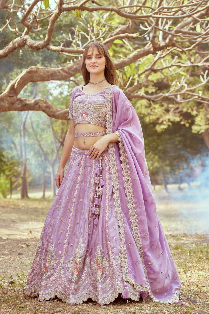 Lavender Gold crushed Tissue Fabric Moti, Zari work Semi-Stitched Lehenga choli & Dupatta