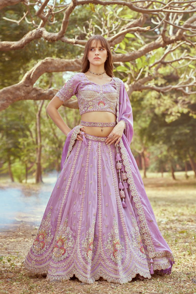 Lavender Gold crushed Tissue Fabric Moti, Zari work Semi-Stitched Lehenga choli & Dupatta