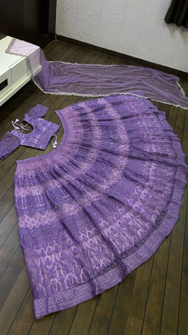 Lavender Net lehnga with thread zari & sequence work - INSPIRED