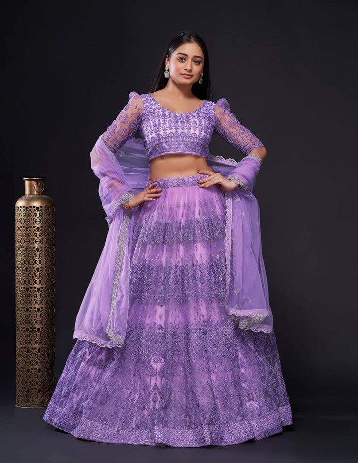 Lavender Net lehnga with thread zari & sequence work - INSPIRED