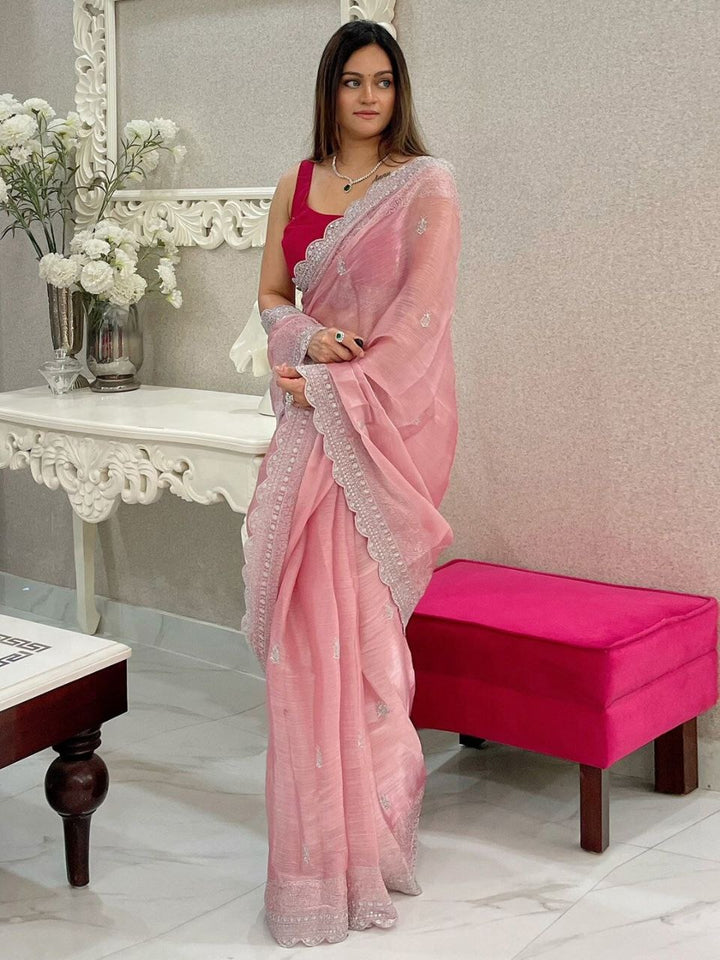 Burburry Silk Beautiful Designer Sequence and Jari Thread Embroidery Work Saree in Light Pink Color