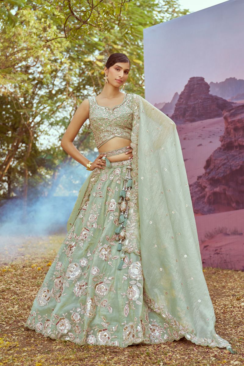 Lime Green Organza Sequins embroidery Semi-Stitched Lehenga choli & Dupatta