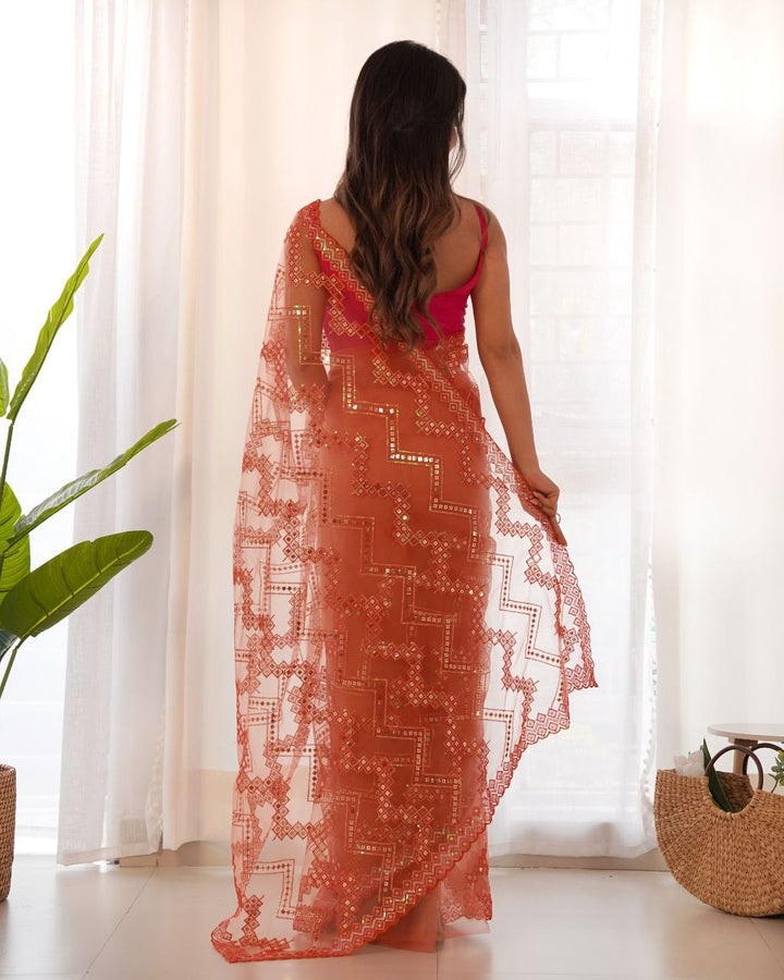 Heavy Butterfly Net With Embroidered Work Saree In Limepink Color - qivii